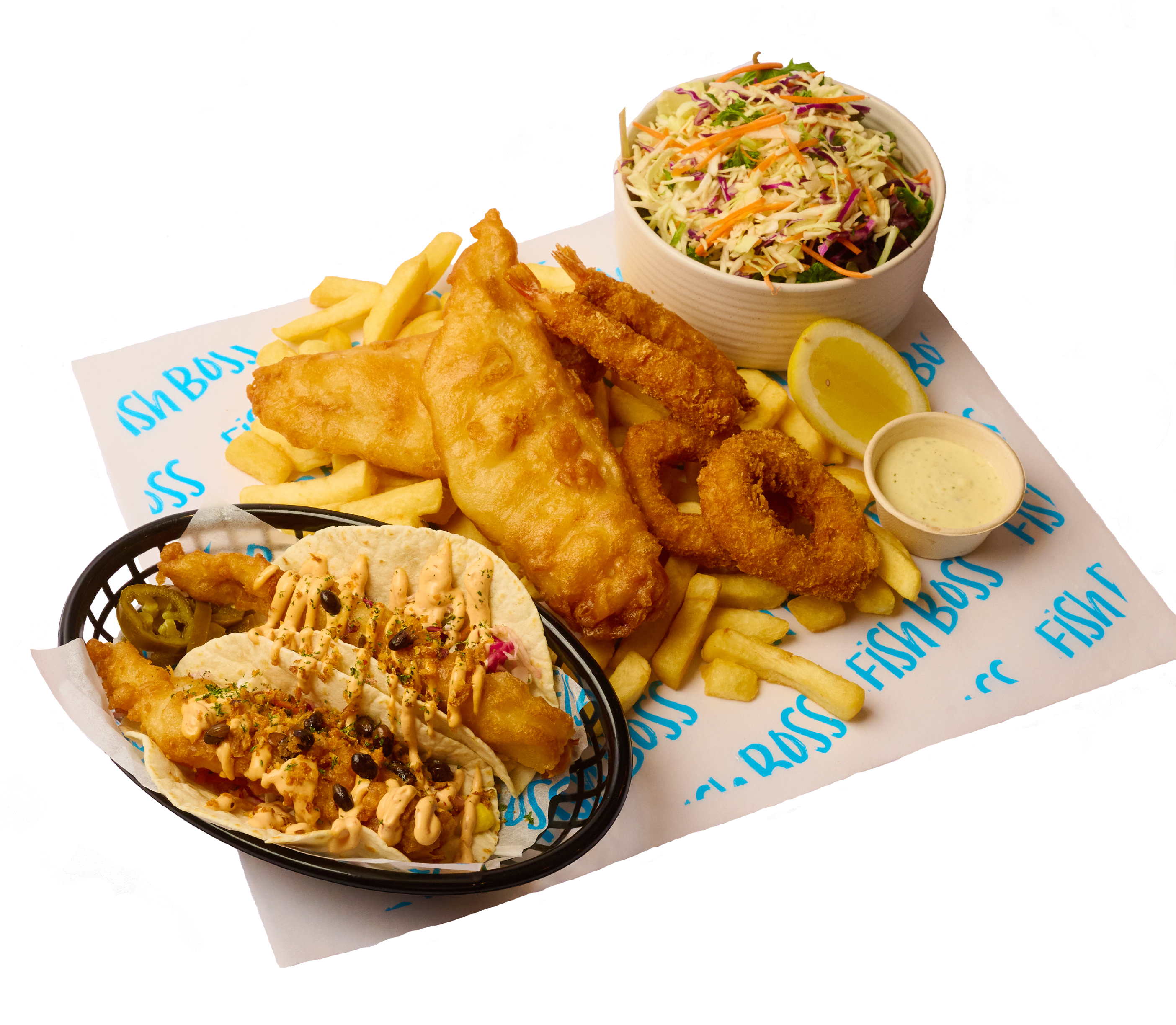 The Boss Platter - beer battered fish, fish tacos, panko squid and prawns, slaw, salad, chips, tartare and lemon